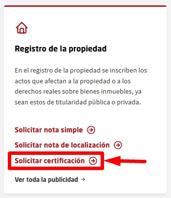 Clic en Solicitar certificacion del registro de la propiedad