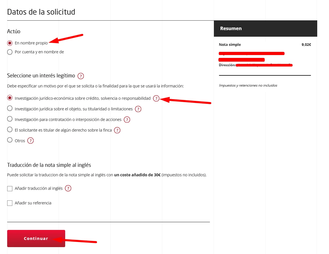 Rellenar los datos de la solicitud de nota simple