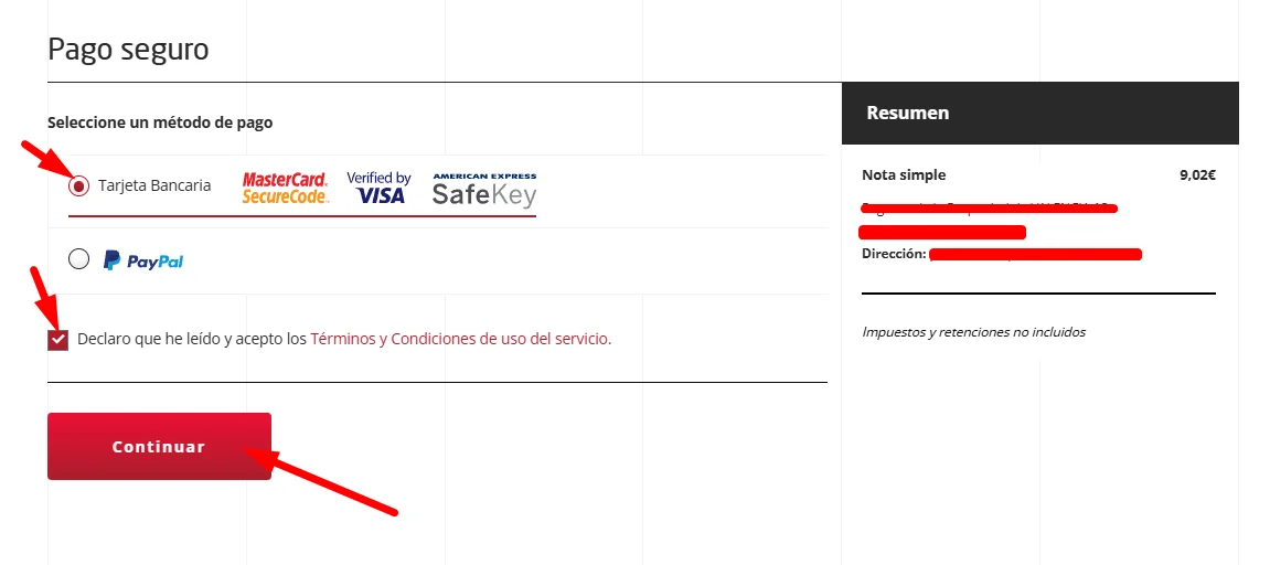 Selecciona un metodo de pago para la nota simple